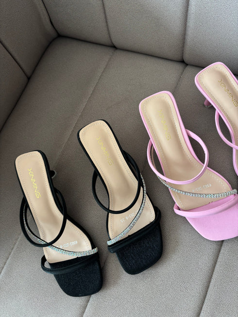 Women Rhinestone Embedded Straps Slid-On Heels